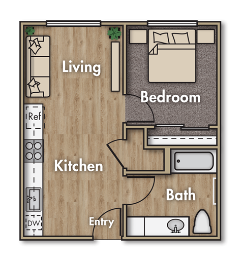 Floor plan for 1 bed, 1 bath, 574 sqft